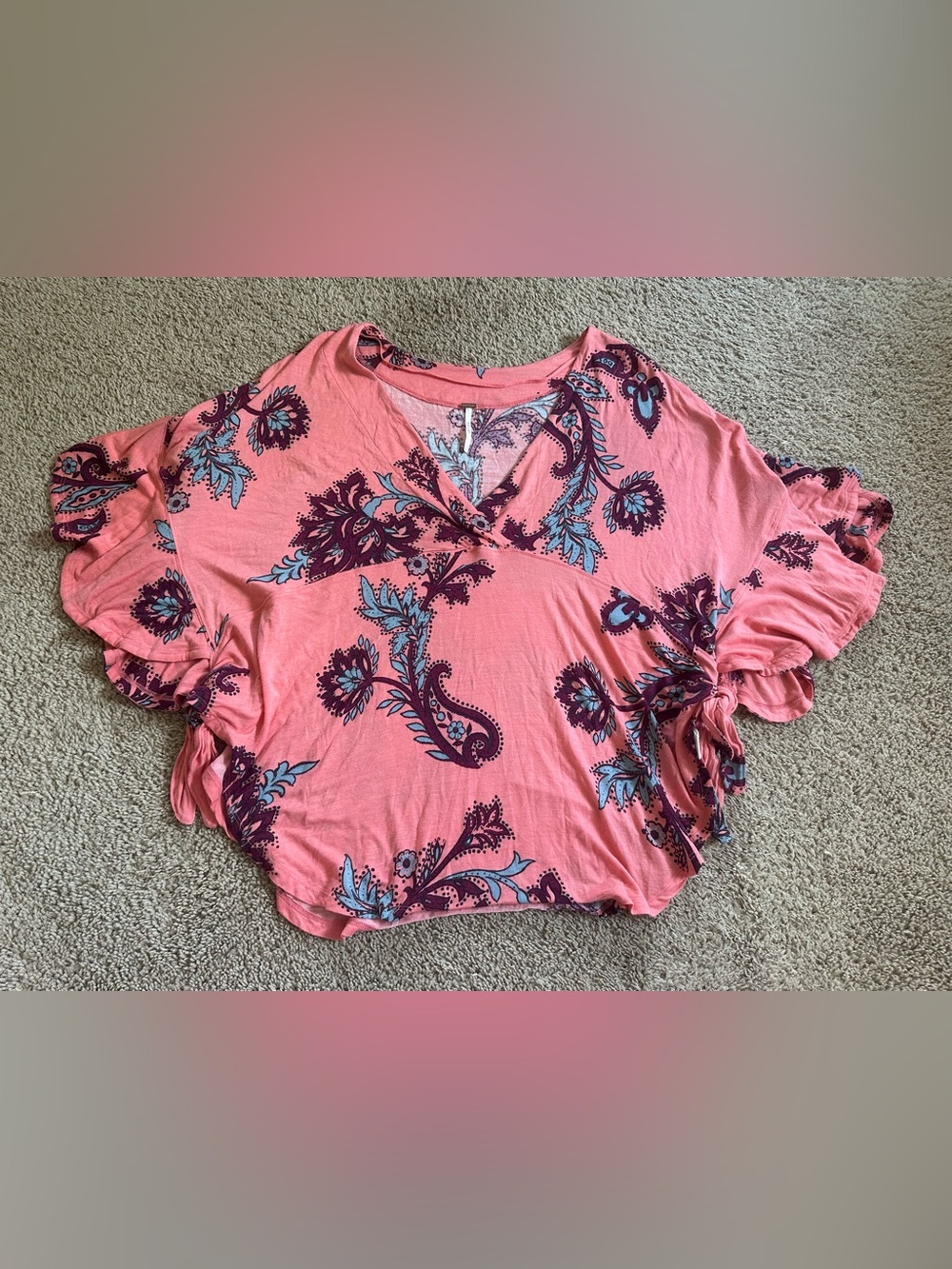 Free People Coral Paisley Flutter Sleeve Top.